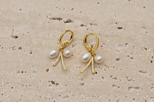 Chic Gold-Plated Faux Pearl and Cubic Zirconia Hoop Earrings