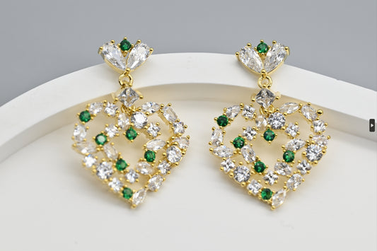 Exquisite Gold-Tone Heart-Shaped Earrings with Clear and Green Gemstones