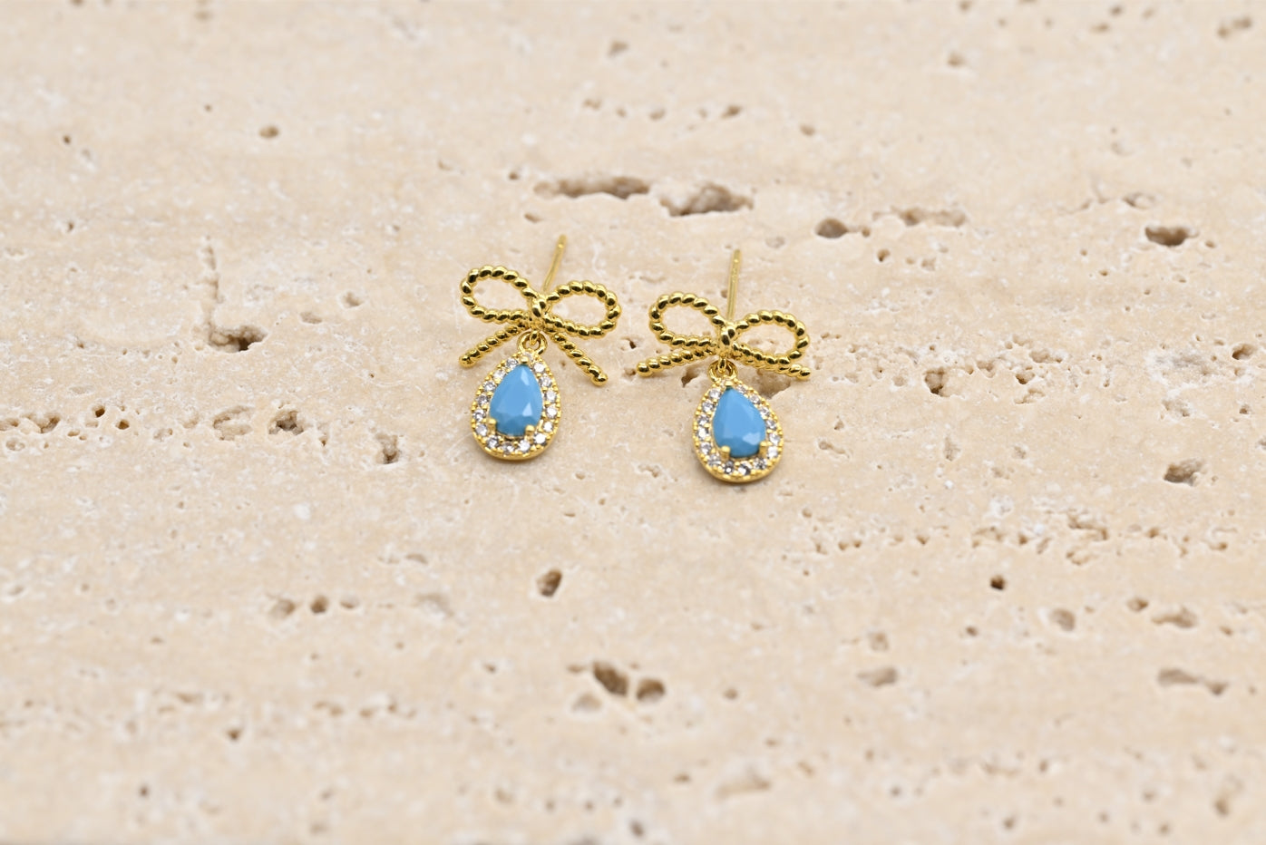 Charming Gold-Plated Bow and Turquoise Teardrop Earrings