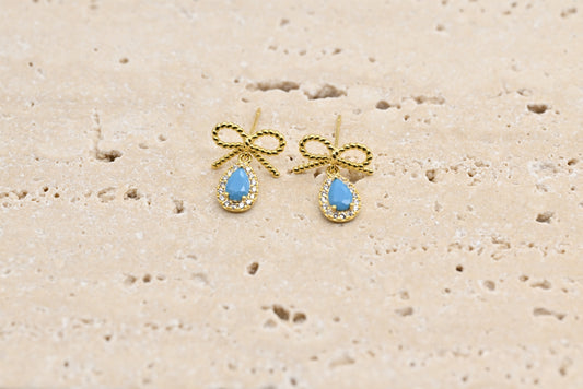 Charming Gold-Plated Bow and Turquoise Teardrop Earrings