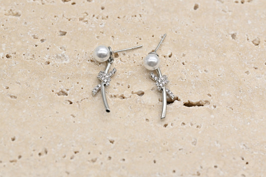 Silver Pearl and Crystal Bow Drop Earrings