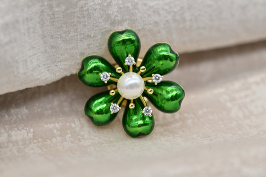 Green Enamel Flower Brooch with Pearl and Crystal Accents