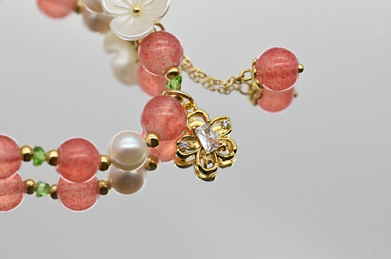 Pink Beaded Bracelet with Pearls and Flower Charm