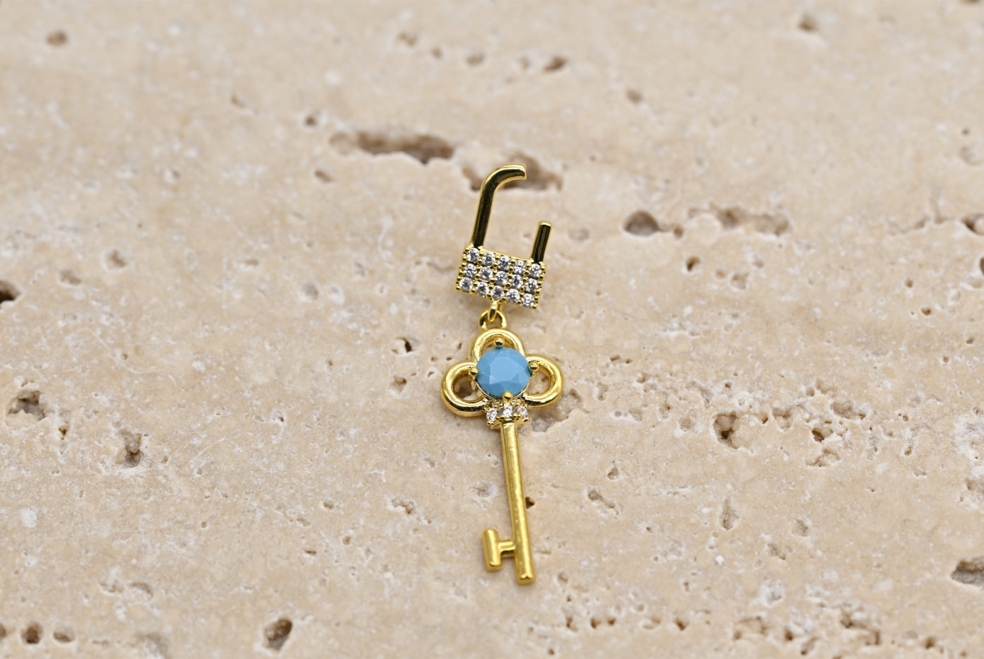 Charming Gold-Plated Key Drop Earrings with Turquoise Accents