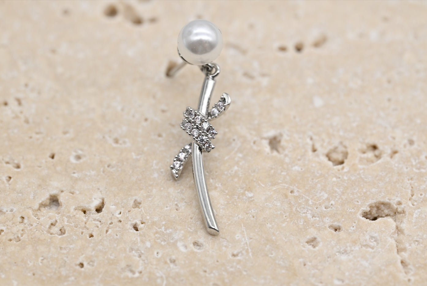 Silver Pearl and Crystal Bow Drop Earrings