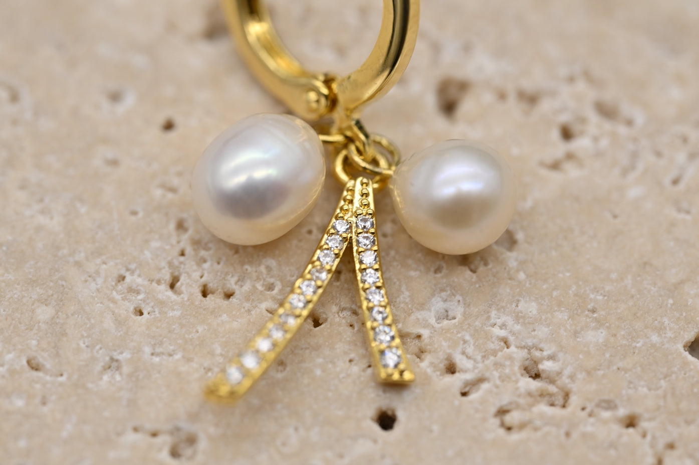 Chic Gold-Plated Faux Pearl and Cubic Zirconia Hoop Earrings
