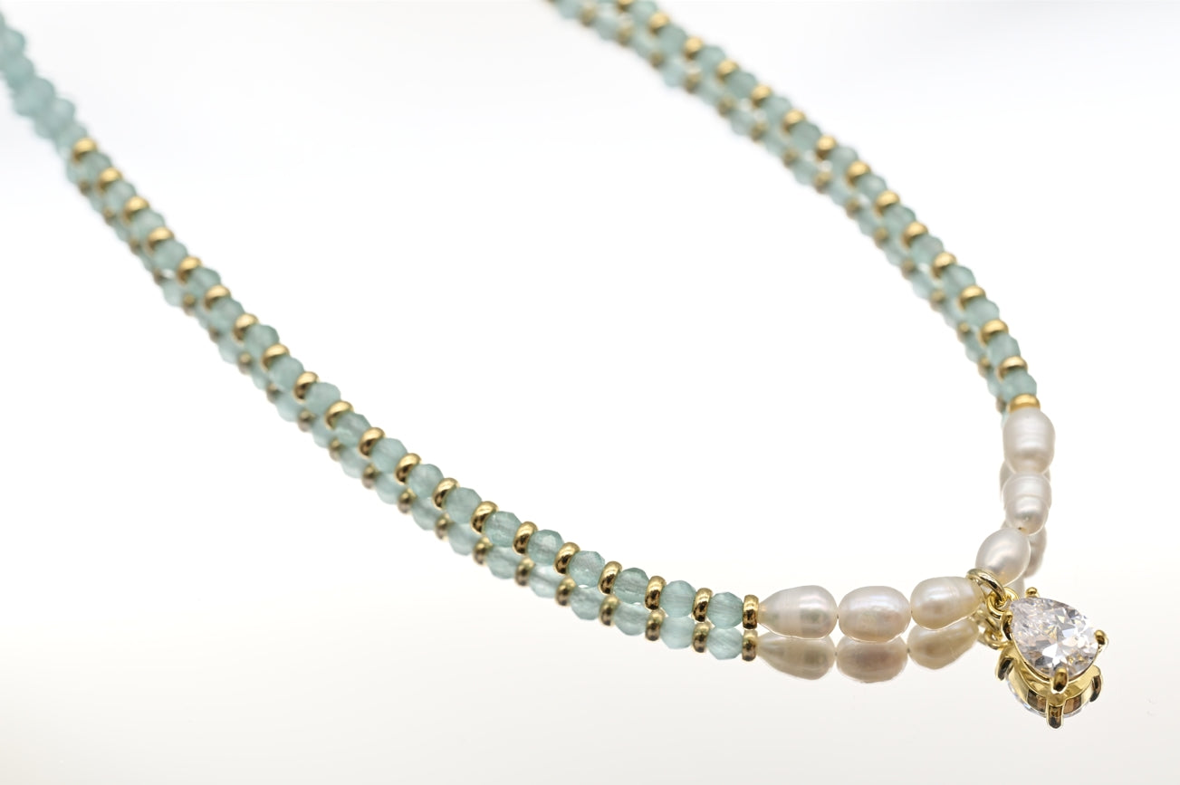 Aquamarine and Pearl Necklace with Gold Accents