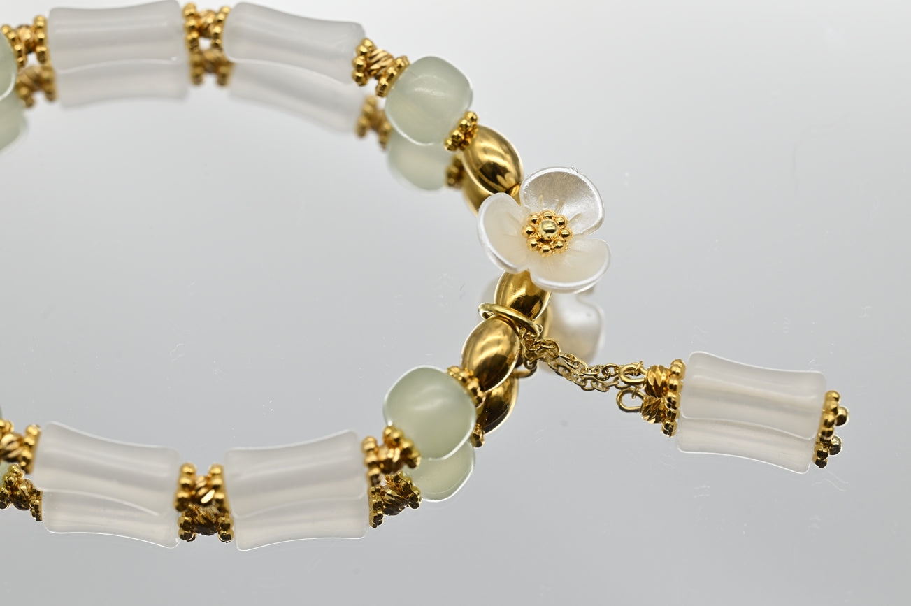 White and Green Beaded Bracelet with Flower Charm