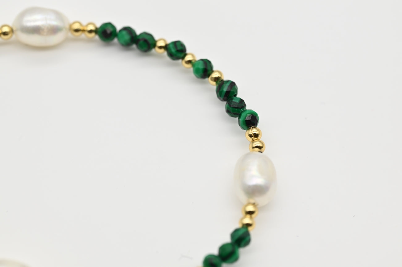 Malachite and Pearl Beaded Bracelet with Gold Accents