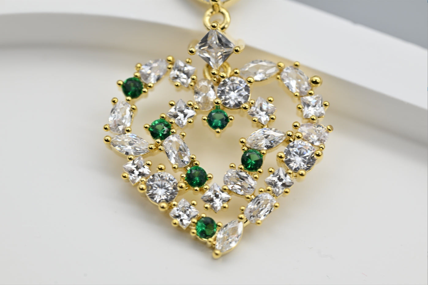 Exquisite Gold-Tone Heart-Shaped Earrings with Clear and Green Gemstones