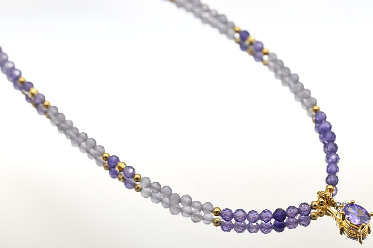 Amethyst and Grey Bead Necklace with Gold Accents