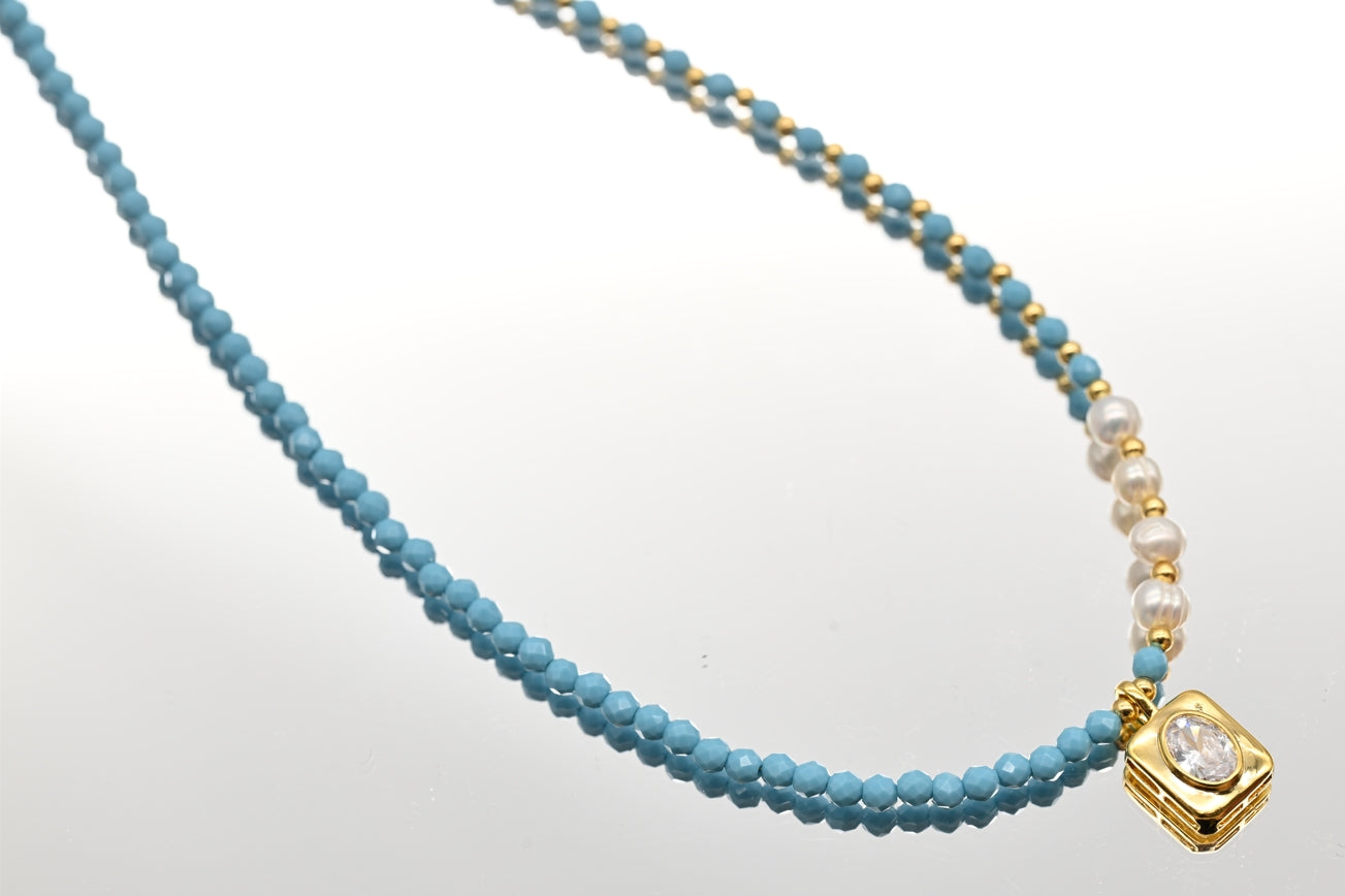 Turquoise and Pearl Necklace with Gold Accents