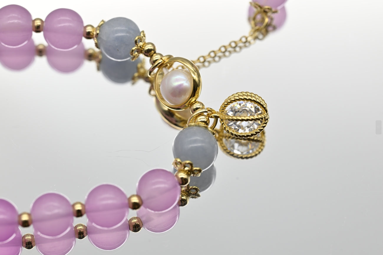 Lavender and Blue Beaded Bracelet with Pearl Charm