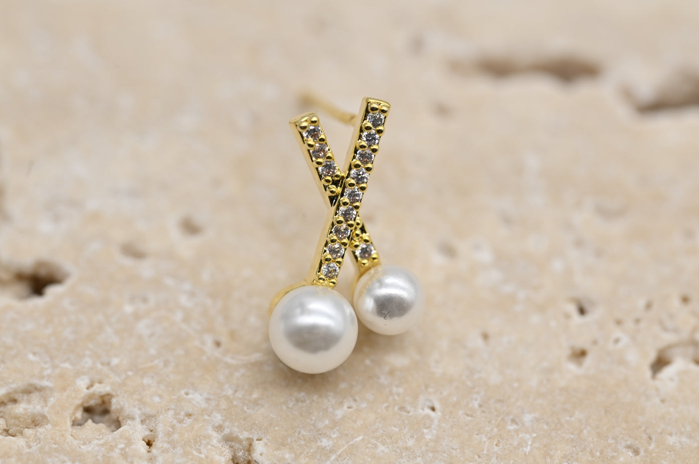 Stylish Gold-Plated Faux Pearl and Cubic Zirconia Cross Stud Earrings