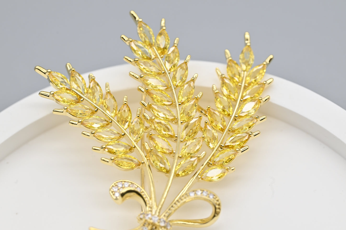 Gold Wheat Sheaf Brooch with Crystal Accents