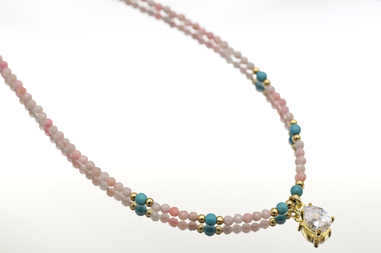 Pink Opal and Turquoise Bead Necklace with Gold Accents