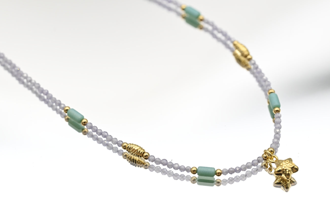 Lavender Bead Necklace with Gold and Green Accents