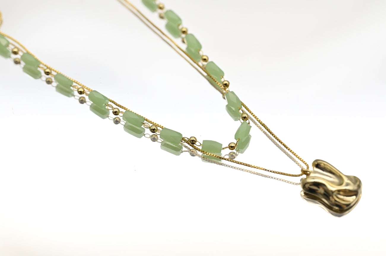 Gold Pendant Necklace with Green Beads