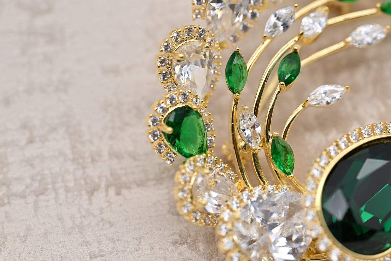 Radiant Emerald and Diamond Cluster Brooch in Gold