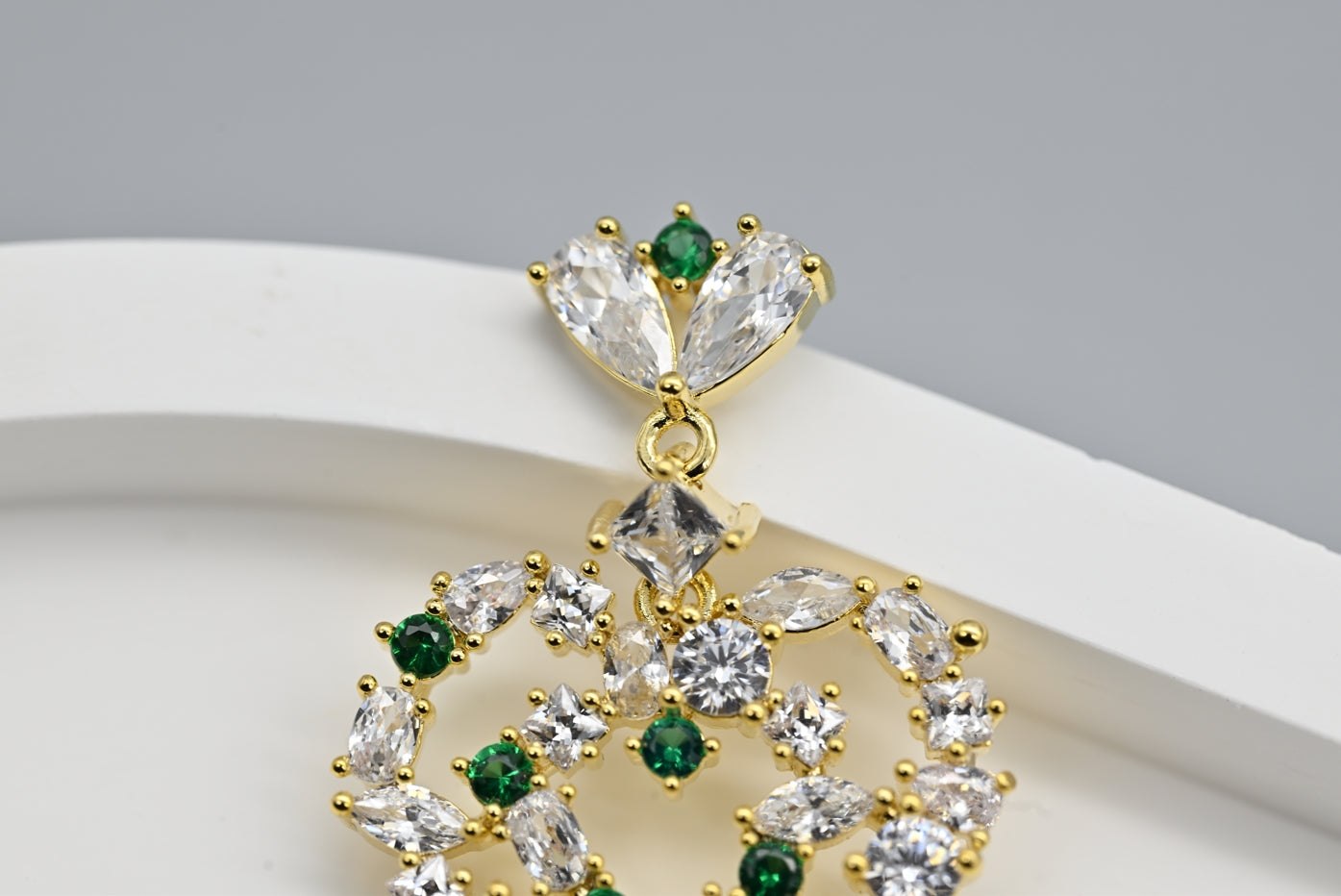 Exquisite Gold-Tone Heart-Shaped Earrings with Clear and Green Gemstones