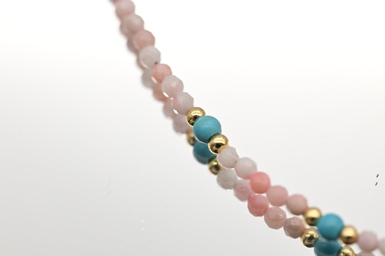 Pink Opal and Turquoise Bead Necklace with Gold Accents