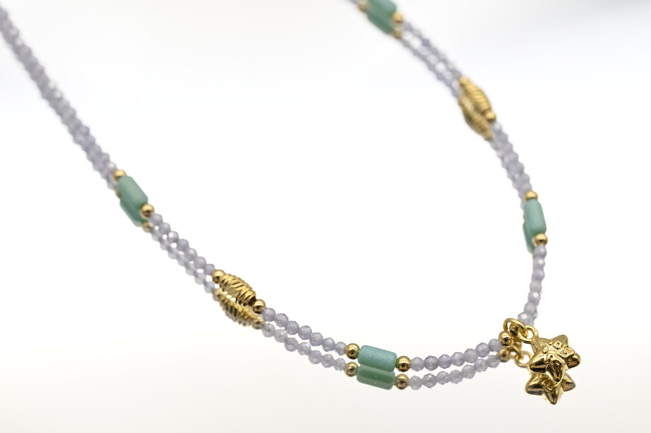 Lavender Bead Necklace with Gold and Green Accents