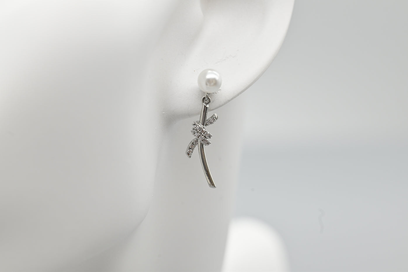 Silver Pearl and Crystal Bow Drop Earrings