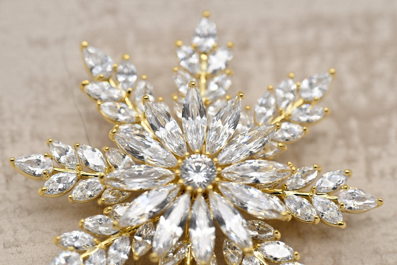 Exquisite Snowflake Crystal Brooch in Gold