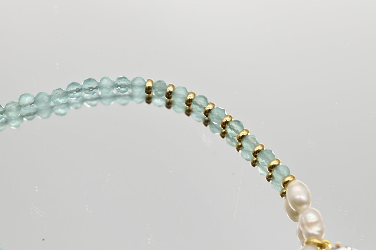 Aquamarine and Pearl Beaded Bracelet with Gold Accents