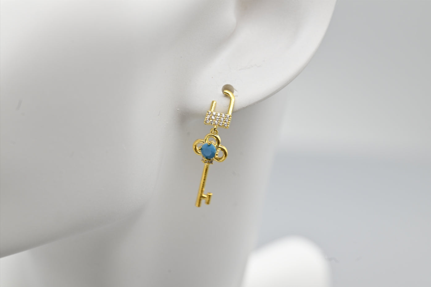 Charming Gold-Plated Key Drop Earrings with Turquoise Accents
