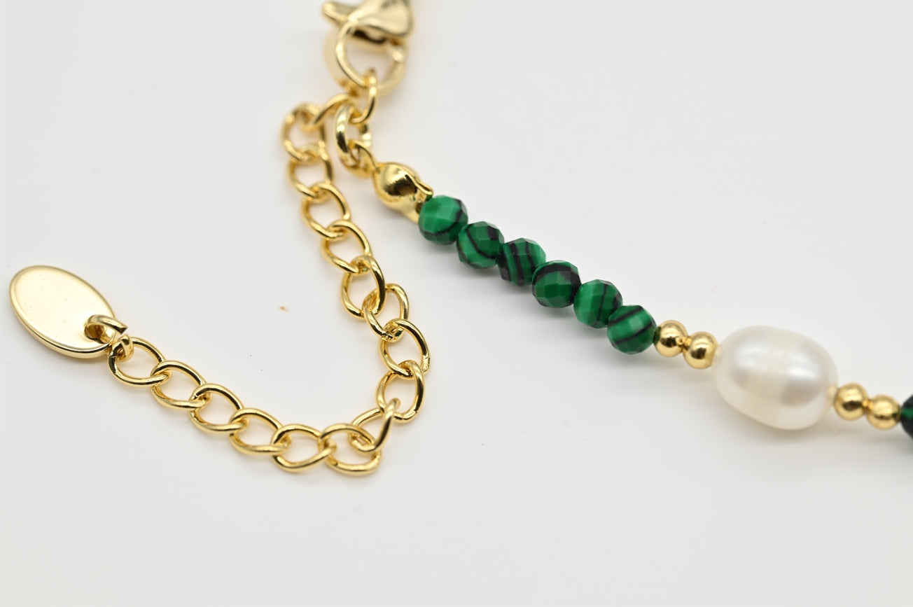 Malachite and Pearl Beaded Bracelet with Gold Accents