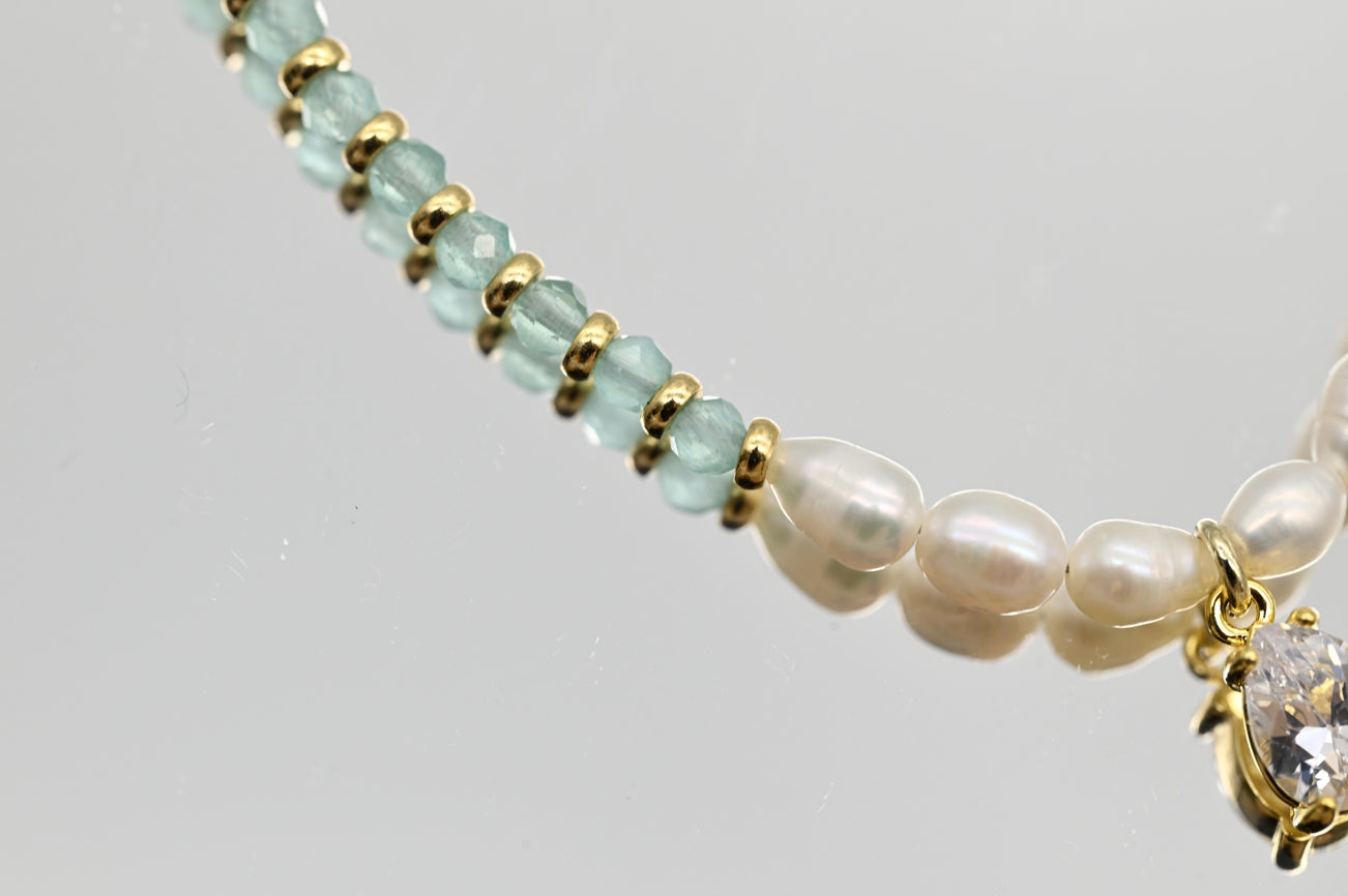 Aquamarine and Pearl Necklace with Gold Accents