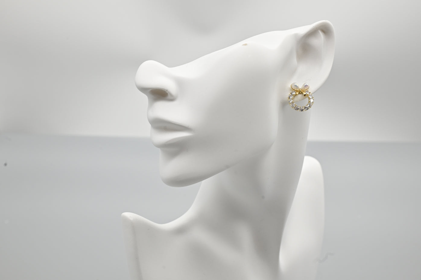 Bow and Circle Stud Earrings with Faux Pearls