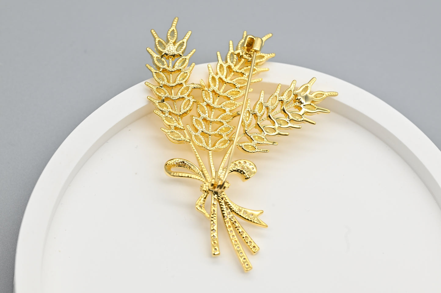 Gold Wheat Sheaf Brooch with Crystal Accents