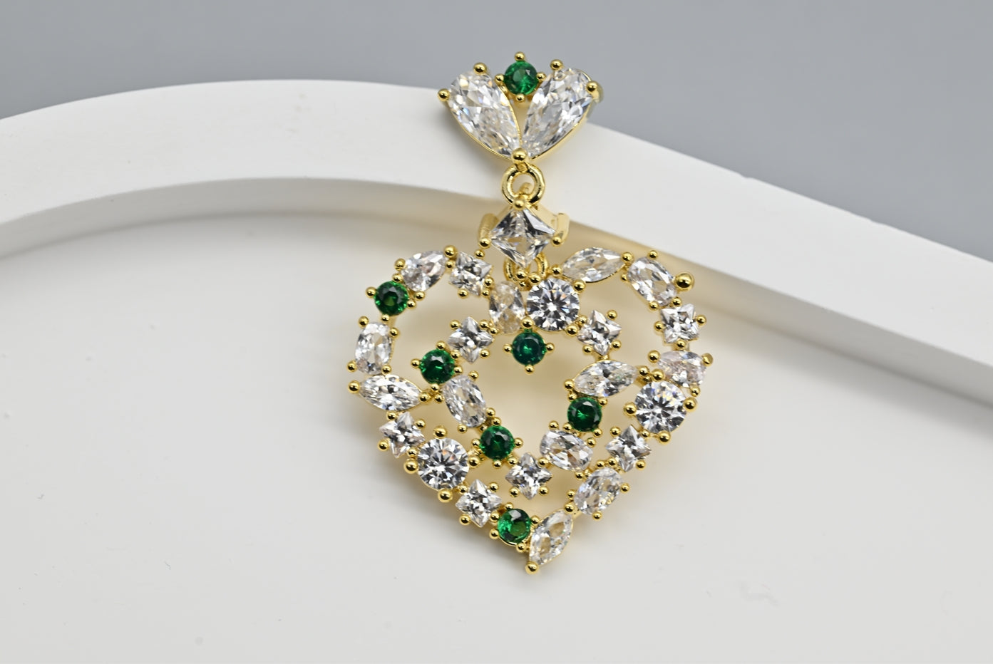Exquisite Gold-Tone Heart-Shaped Earrings with Clear and Green Gemstones