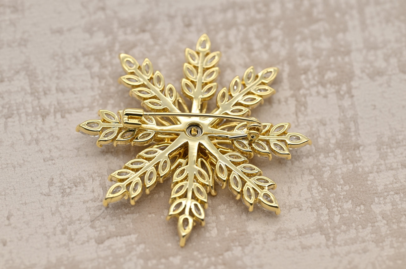 Exquisite Snowflake Crystal Brooch in Gold