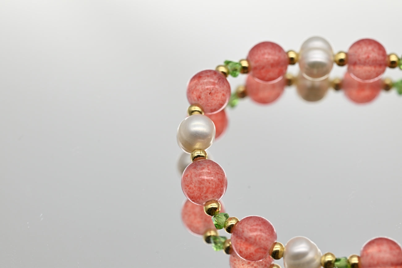 Pink Beaded Bracelet with Pearls and Flower Charm