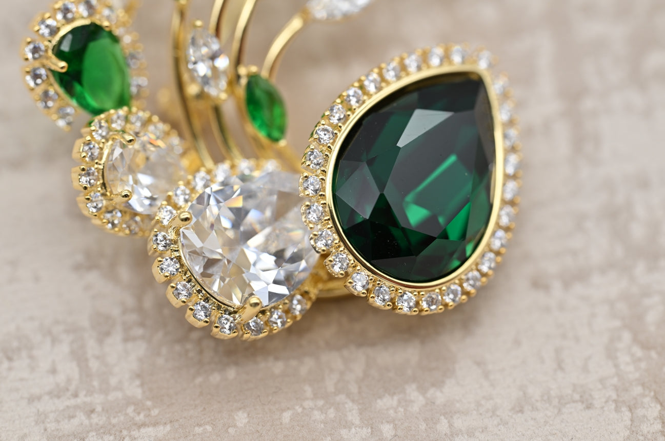 Radiant Emerald and Diamond Cluster Brooch in Gold