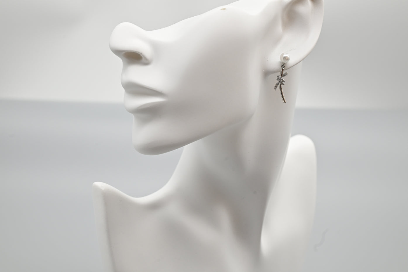 Silver Pearl and Crystal Bow Drop Earrings
