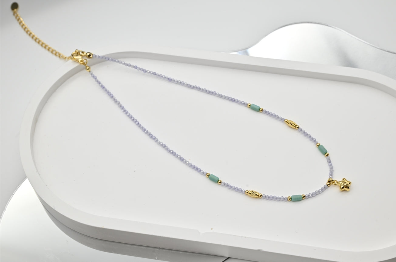 Lavender Bead Necklace with Gold and Green Accents
