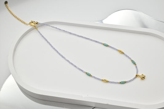 Lavender Bead Necklace with Gold and Green Accents