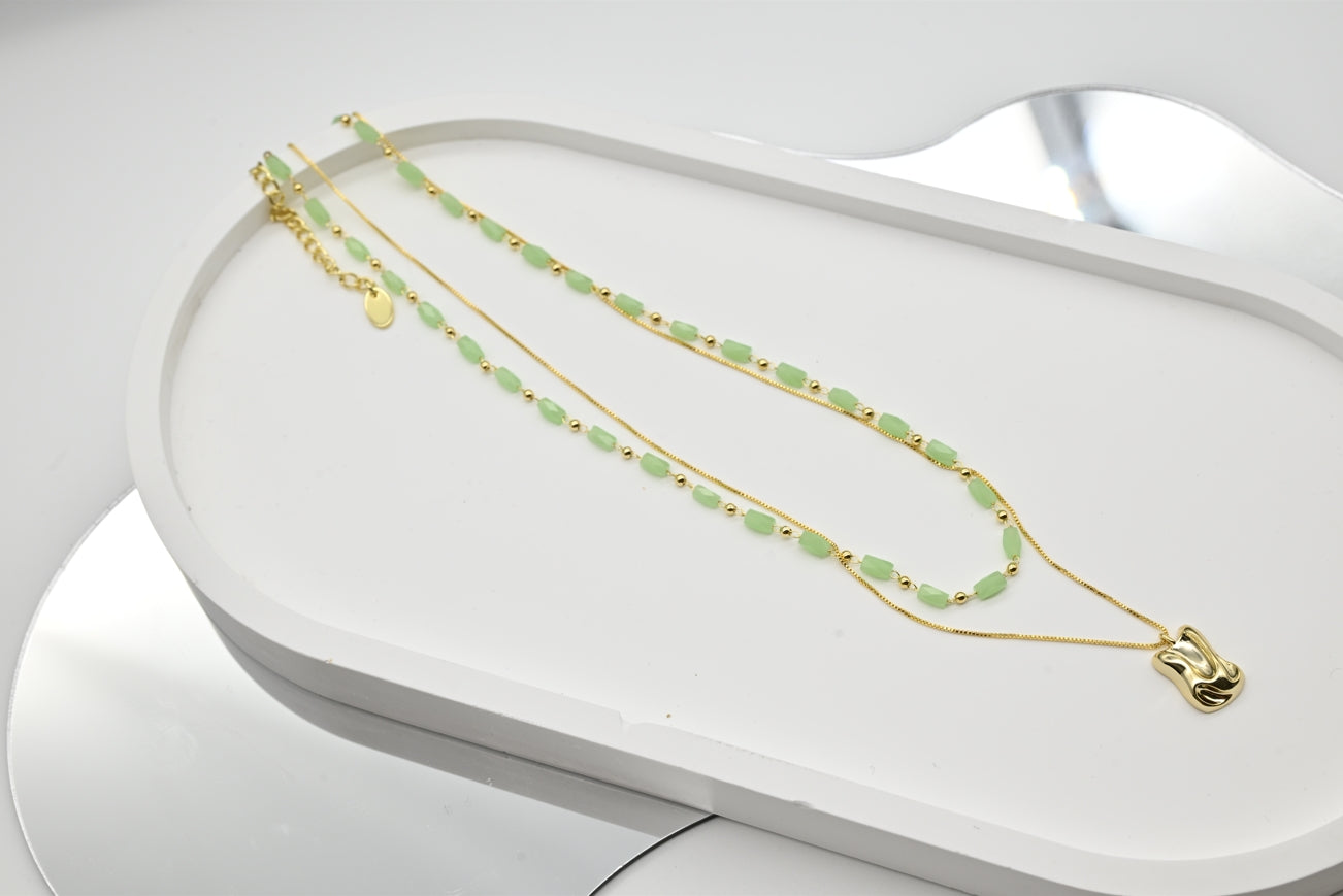 Gold Pendant Necklace with Green Beads