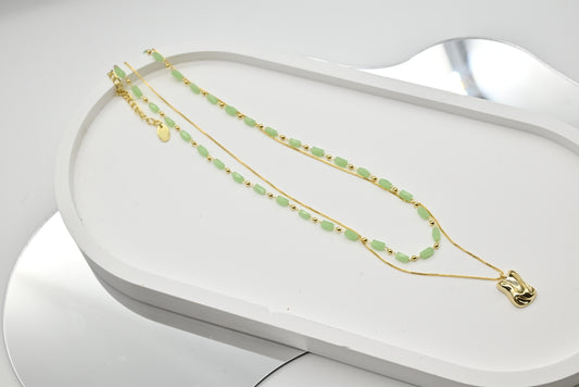 Gold Pendant Necklace with Green Beads