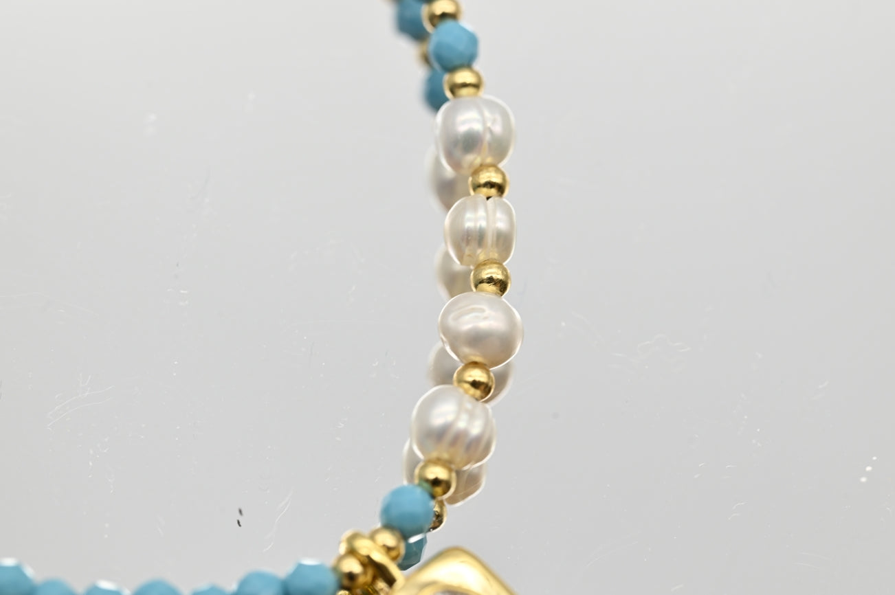 Turquoise and Pearl Necklace with Gold Accents
