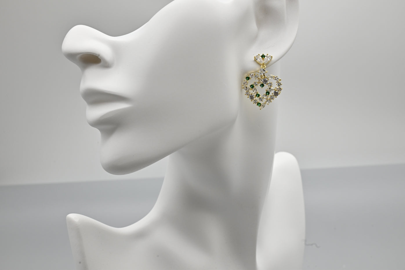 Exquisite Gold-Tone Heart-Shaped Earrings with Clear and Green Gemstones