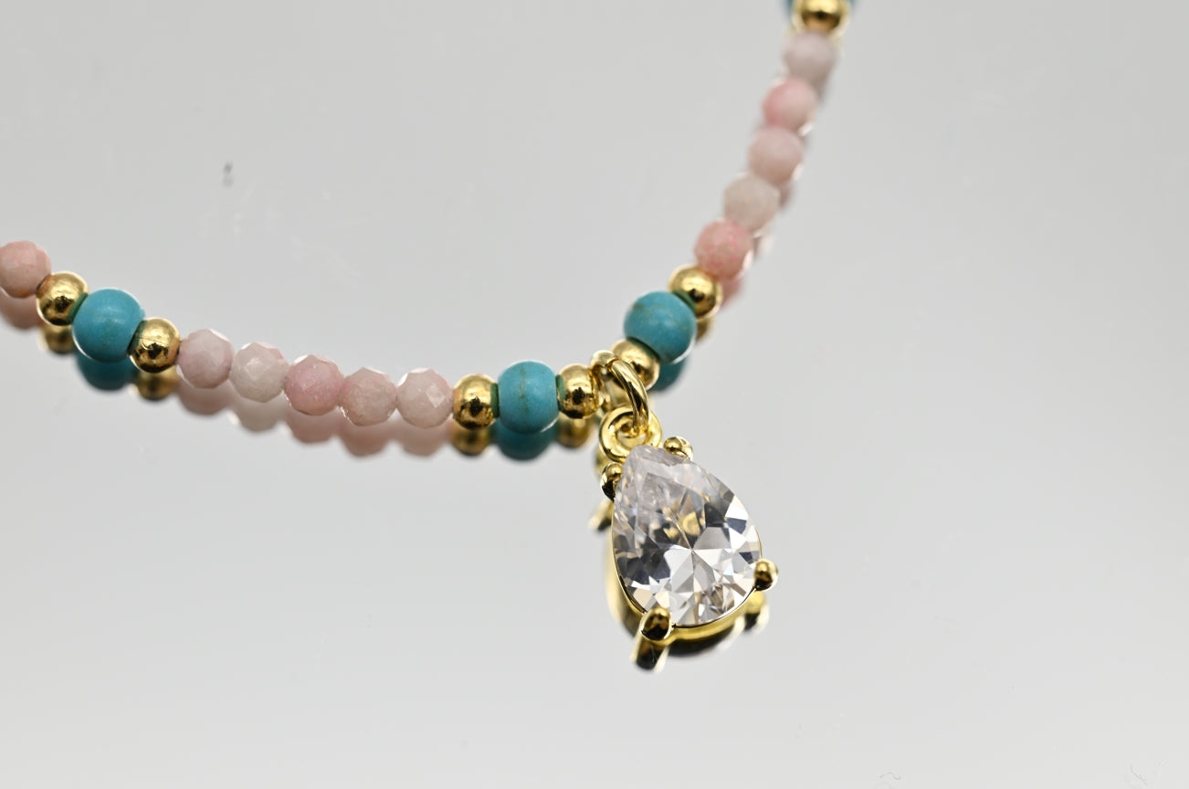 Pink Opal and Turquoise Bead Necklace with Gold Accents