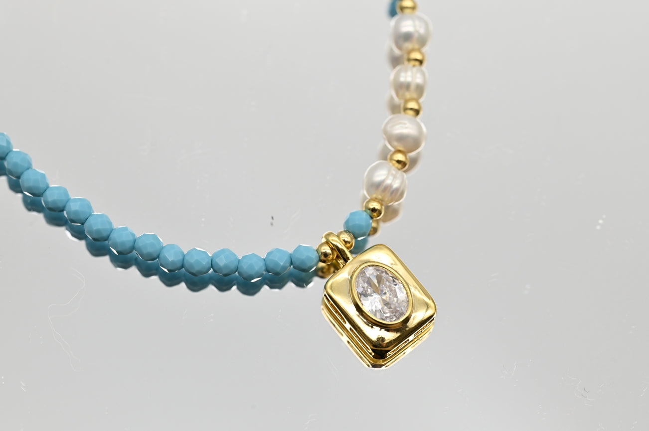 Turquoise and Pearl Necklace with Gold Accents