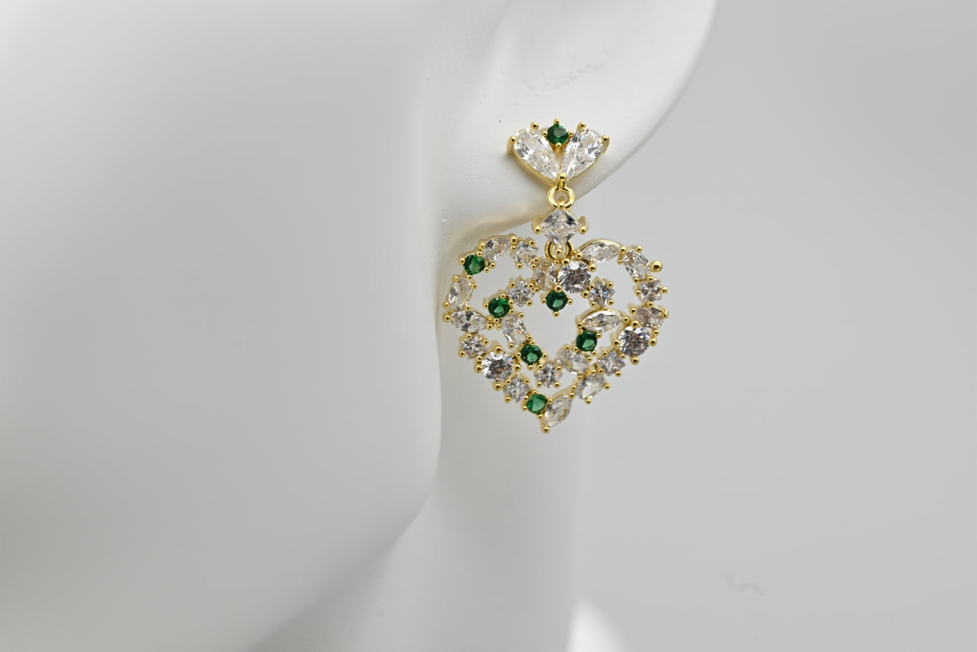 Exquisite Gold-Tone Heart-Shaped Earrings with Clear and Green Gemstones